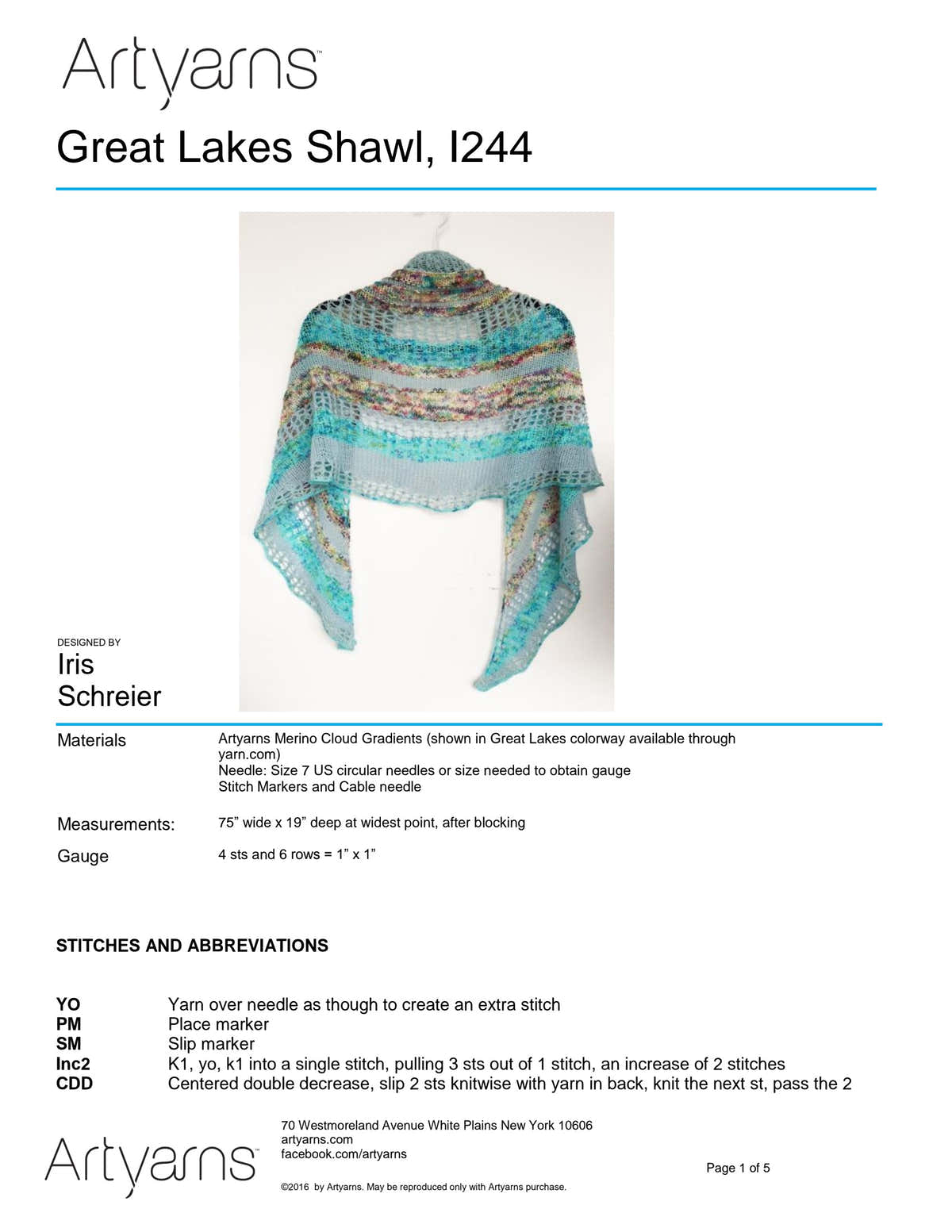 Artyarns I Great Lakes Shawl Wrap Knitting Pattern