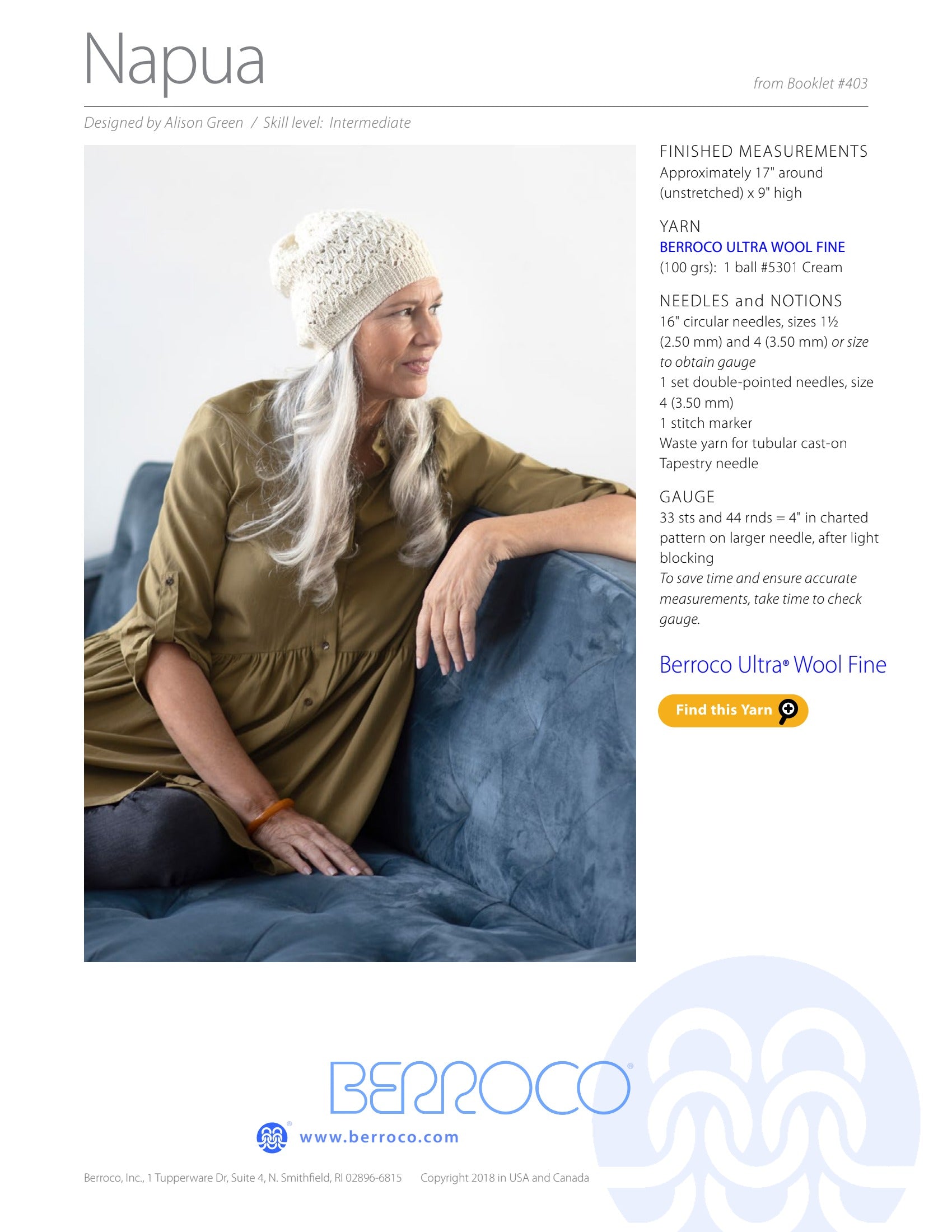 Berroco Napua Hat Knitting Pattern