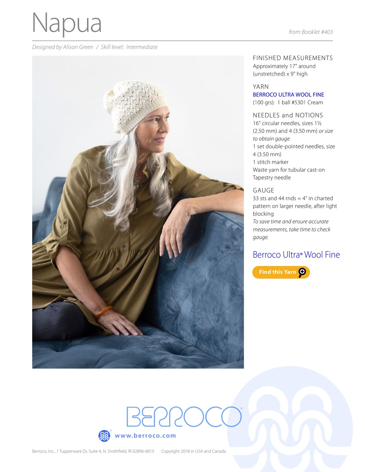 Berroco Napua Hat Knitting Pattern
