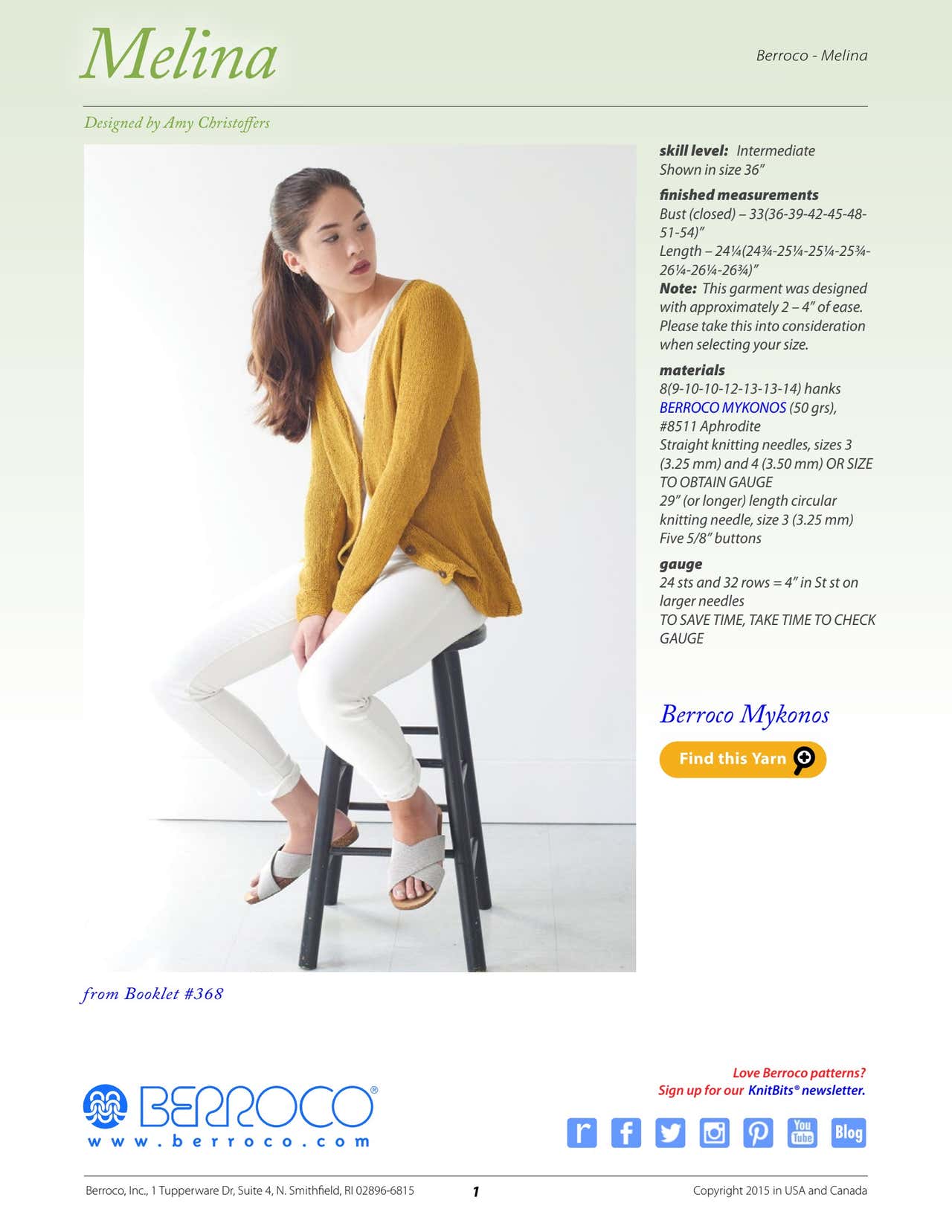 Berroco Melina Cardigan Knitting Pattern